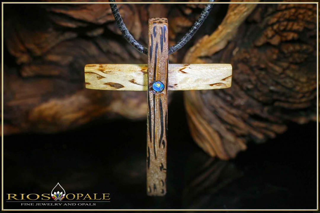 Black Palmira & Burl Birch Wooden Cross with a 3x3mm Coober Pedy Opal doublet