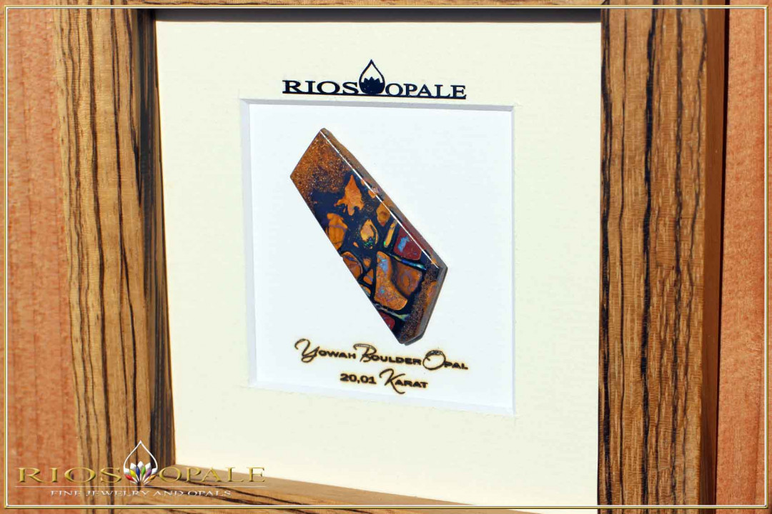 Yowah Matrix Boulder Opal - 20,01ct - Black Edition in 12x12cm Zebrano wood Frame