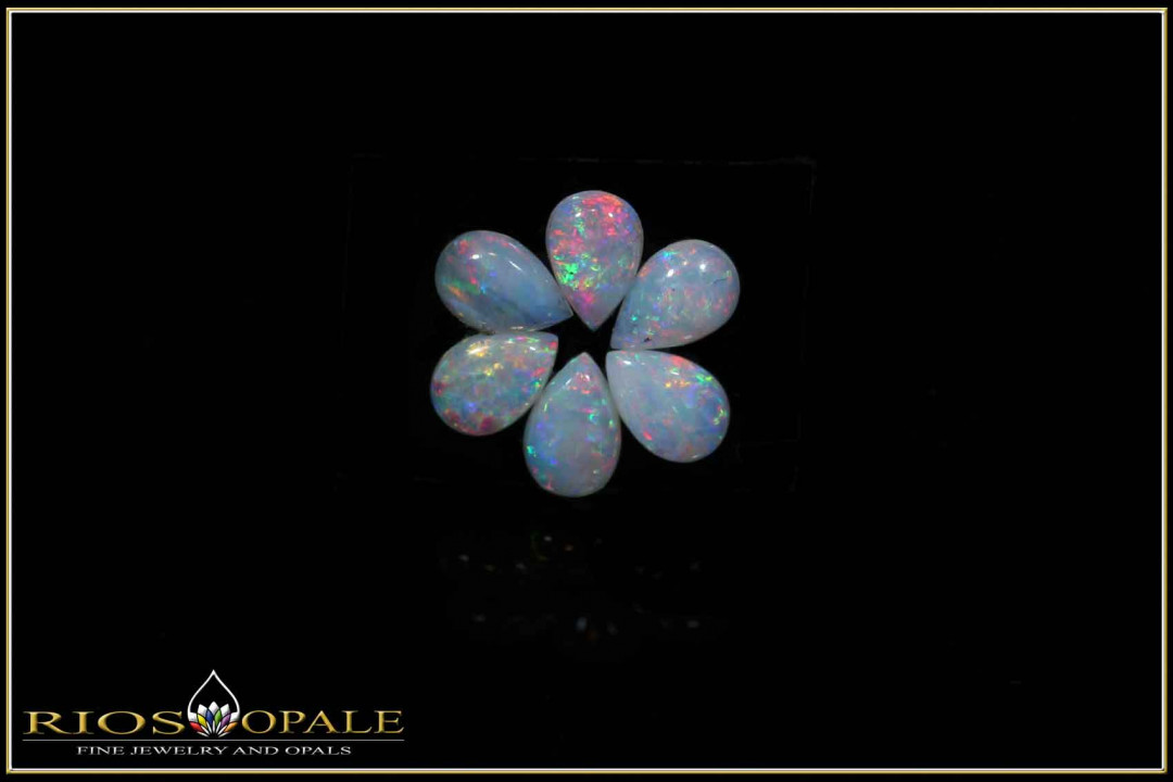 6 pieces colorful Coober Pedy full opal cabochon pears - calibrated - 1,55ct